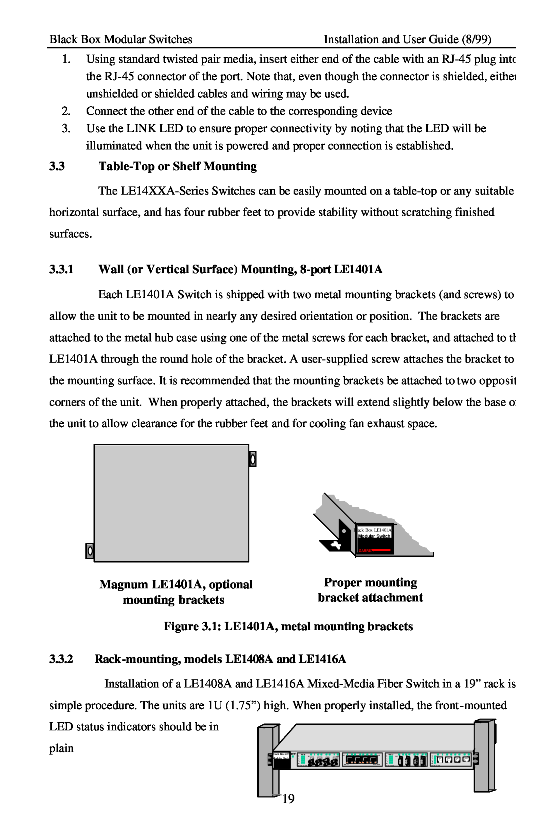 Black Box LE14XXA manual 3.3Table-Topor Shelf Mounting, Proper mounting, Magnum LE1401A, optional, mounting brackets 