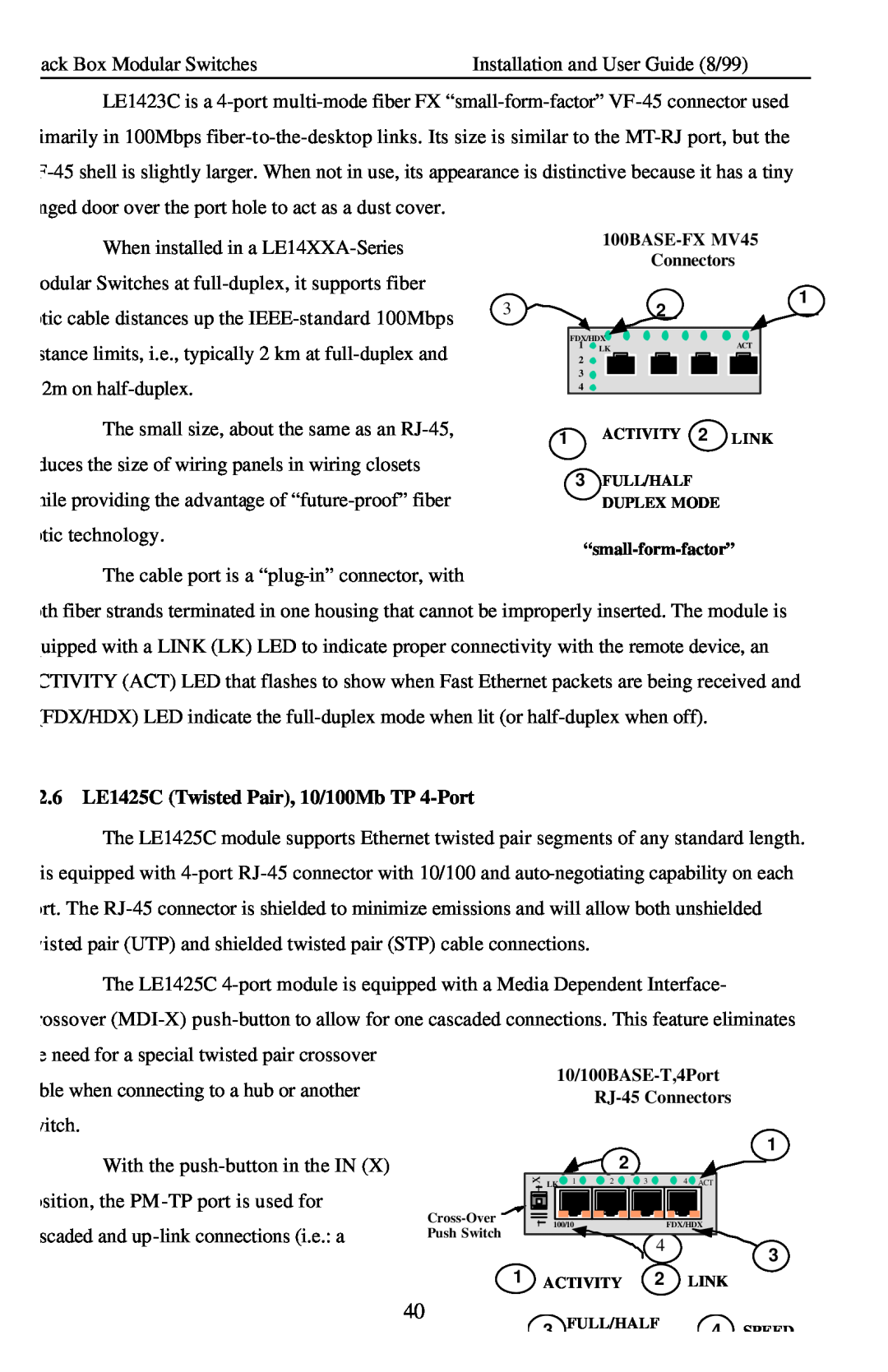 Black Box Modular Switches, LE14XXA manual 2.6LE1425C Twisted Pair, 10/100Mb TP 4-Port 