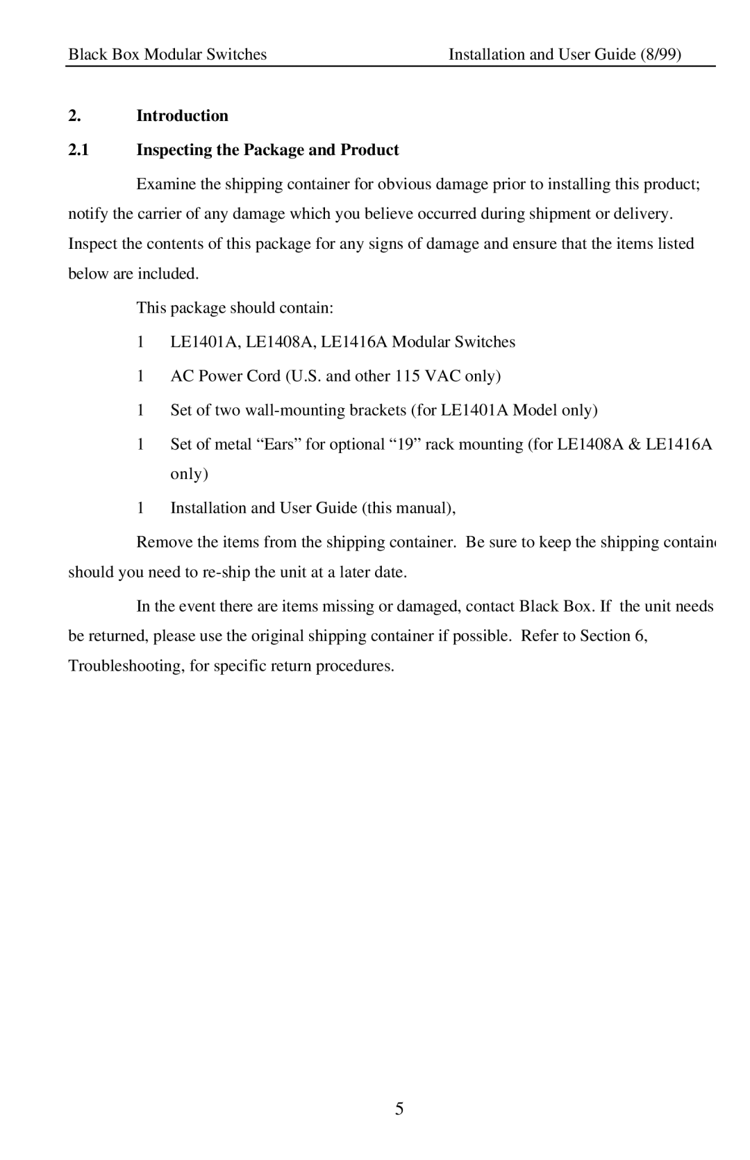 Black Box LE14XXA, Modular Switches manual Introduction Inspecting the Package and Product 