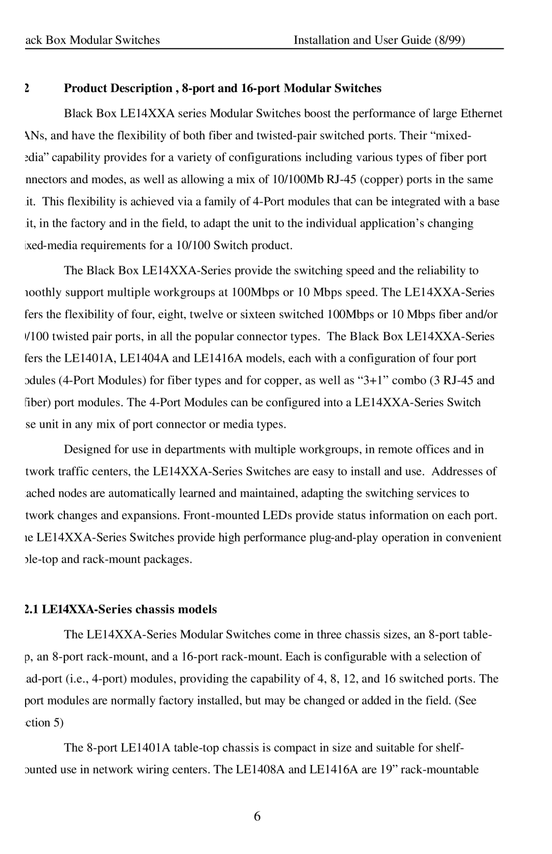 Black Box manual Product Description , 8-port and 16-port Modular Switches, LE14XXA-Series chassis models 