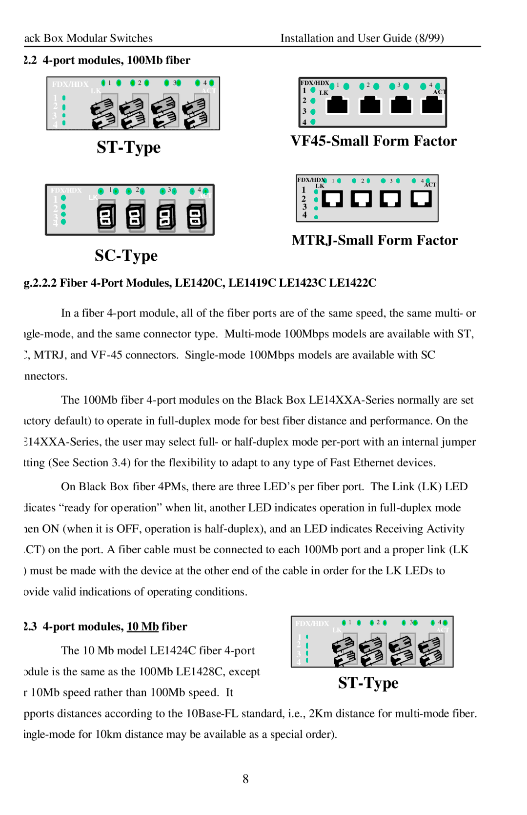 Black Box Modular Switches, LE14XXA manual port modules, 100Mb fiber, Fiber 4-Port Modules, LE1420C, LE1419C LE1423C LE1422C 