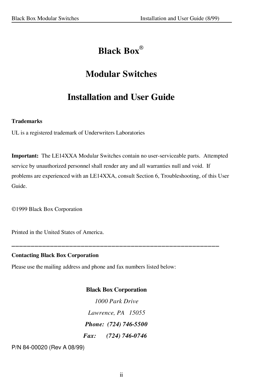 Black Box Modular Switches, LE14XXA manual Trademarks, Contacting Black Box Corporation 