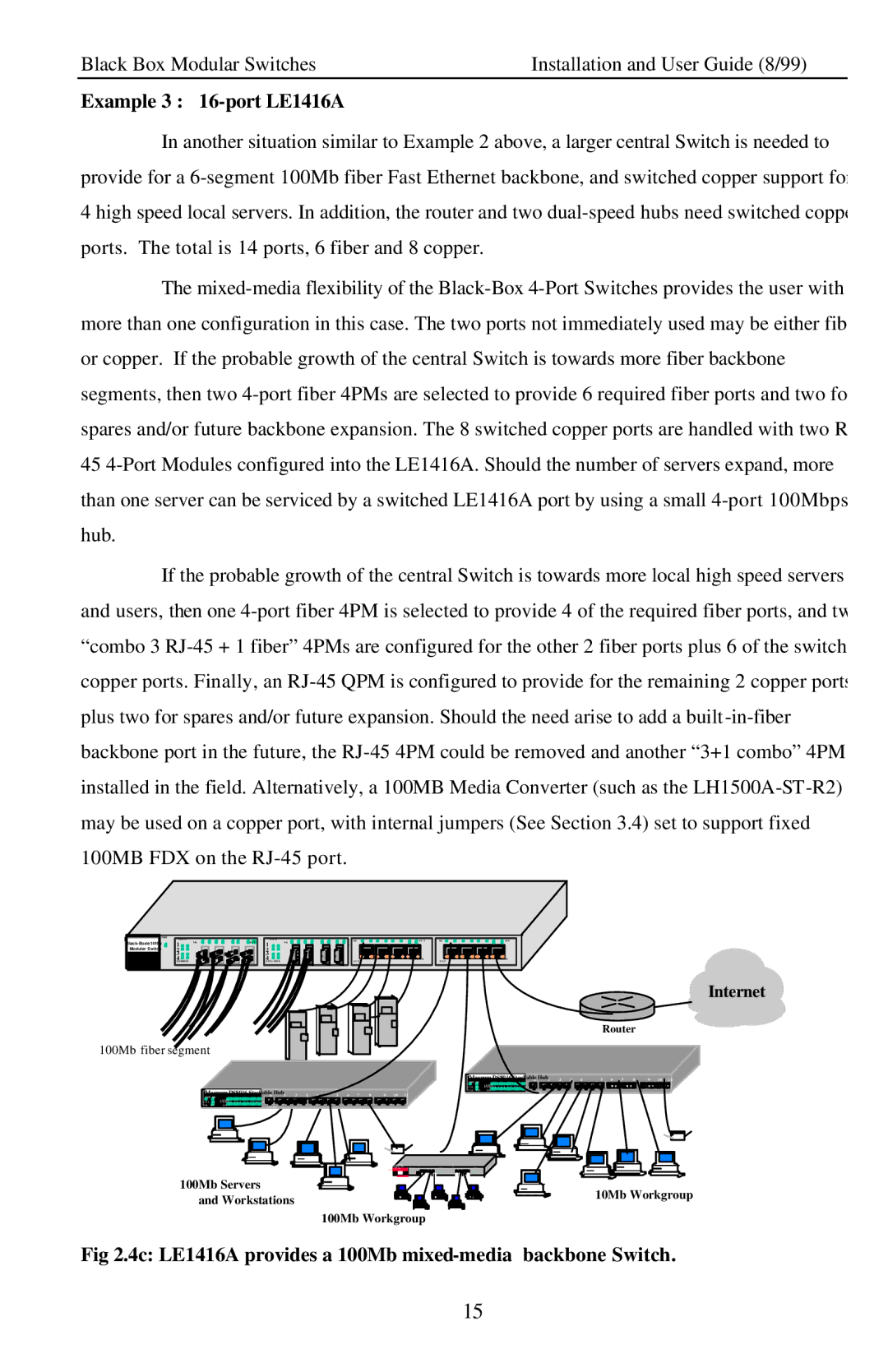 Black Box LE14XXA, Modular Switches Example 3 16-port LE1416A, 4c LE1416A provides a 100Mb mixed-media backbone Switch 