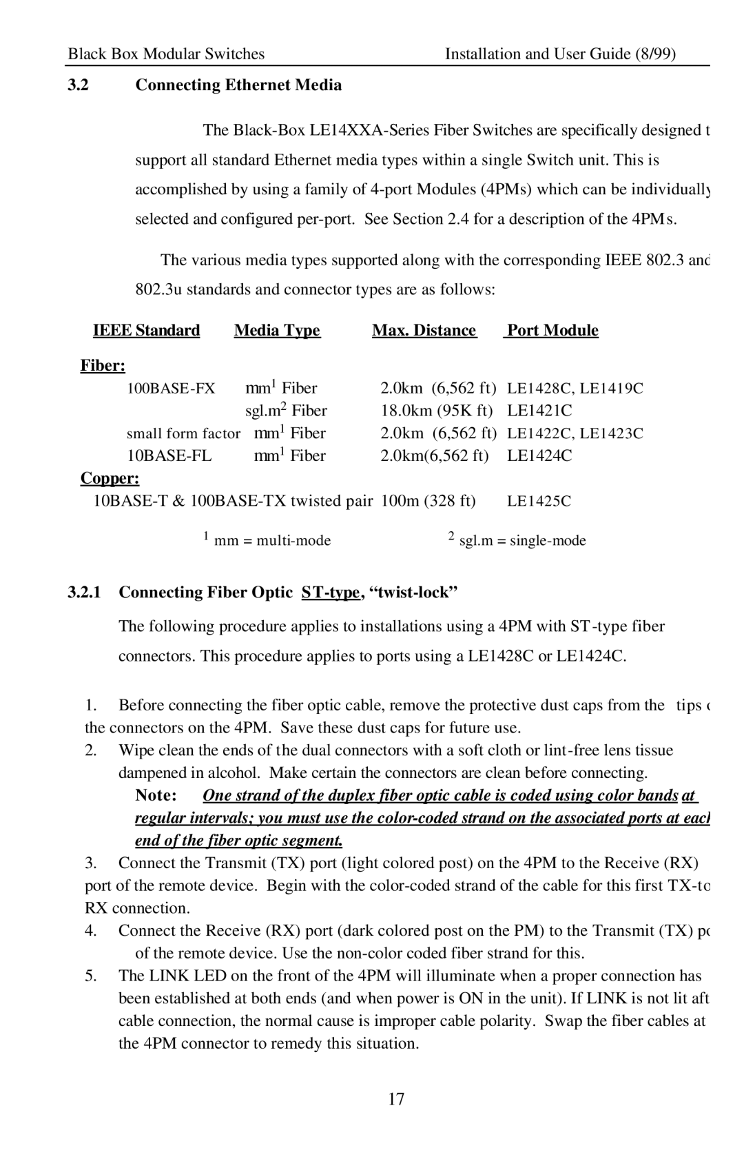 Black Box LE14XXA manual Connecting Ethernet Media, Ieee Standard Media Type Max. Distance Port Module Fiber, Copper 