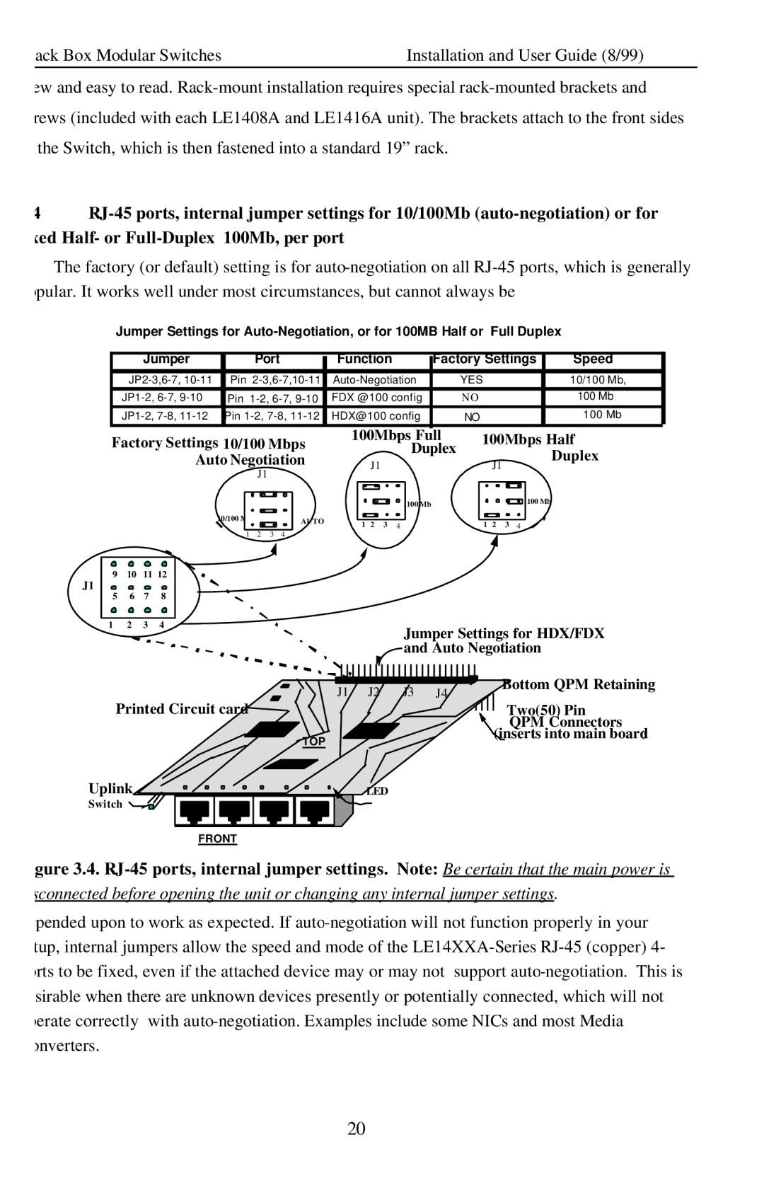 Black Box Modular Switches, LE14XXA manual Factory Settings 10/100 Mbps 