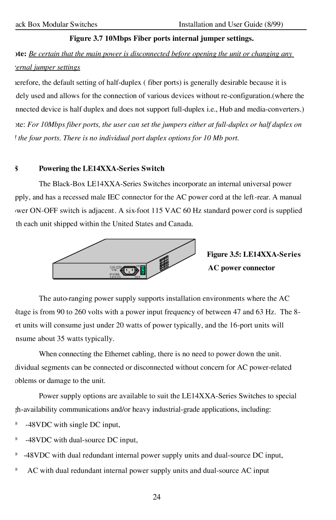 Black Box Modular Switches manual 10Mbps Fiber ports internal jumper settings, Powering the LE14XXA-Series Switch 