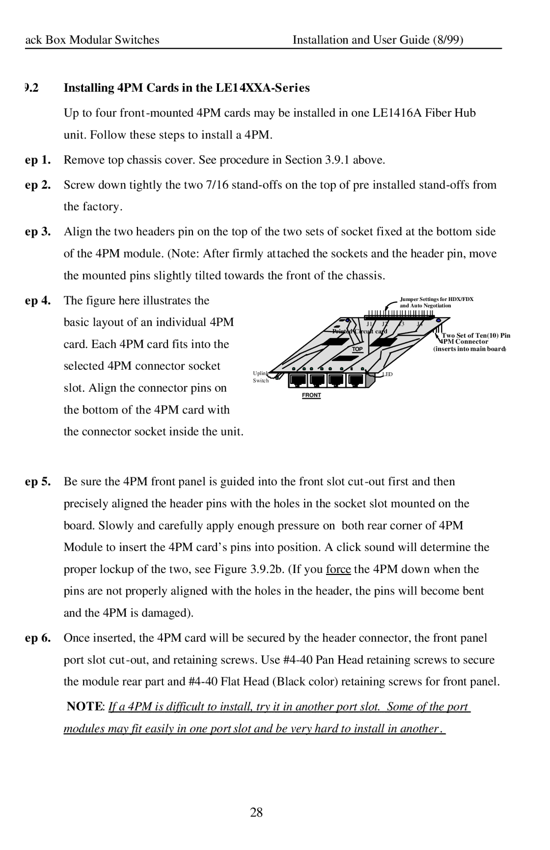 Black Box Modular Switches manual Installing 4PM Cards in the LE14XXA-Series 