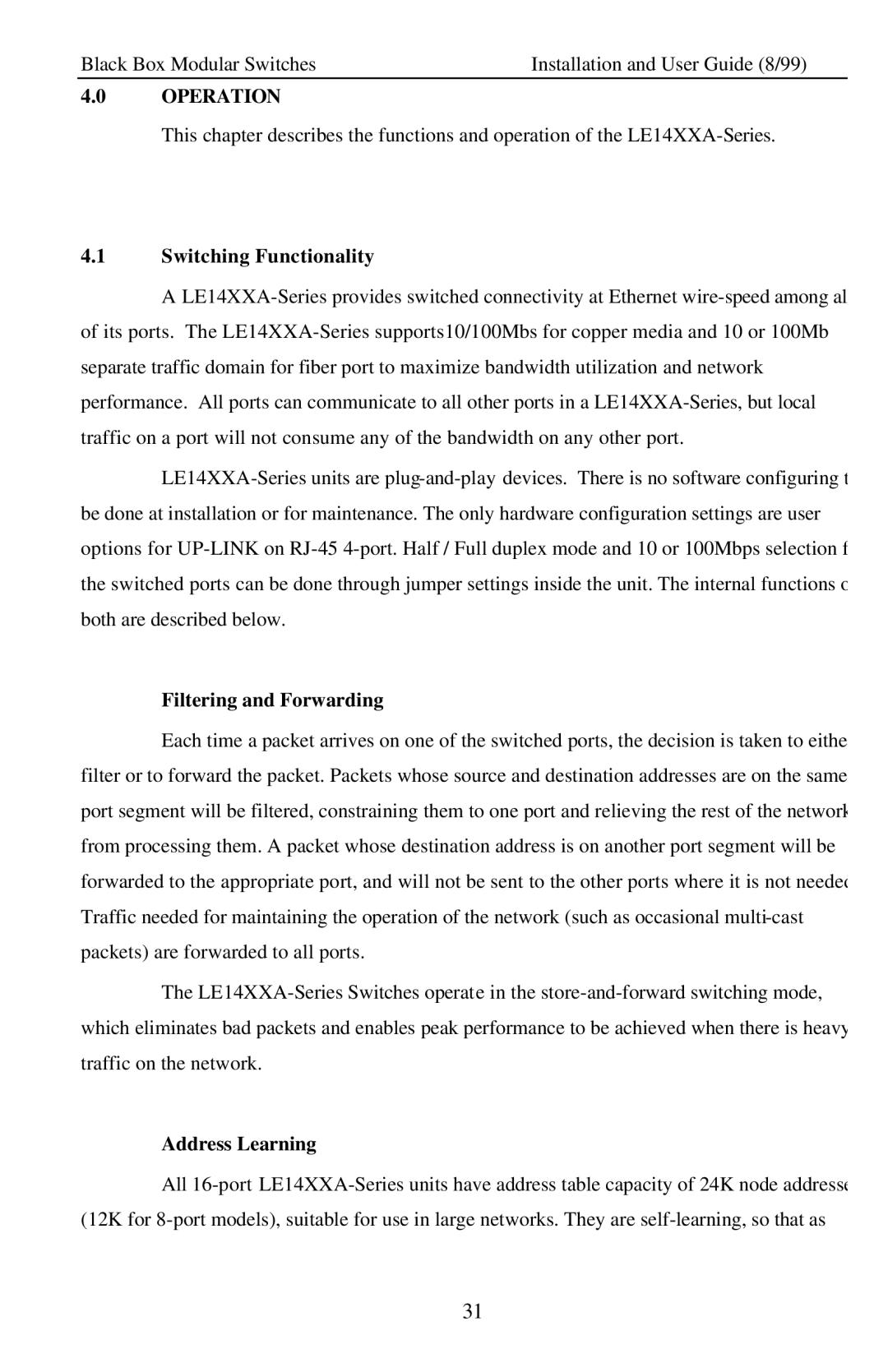 Black Box LE14XXA, Modular Switches manual Switching Functionality, Filtering and Forwarding, Address Learning 