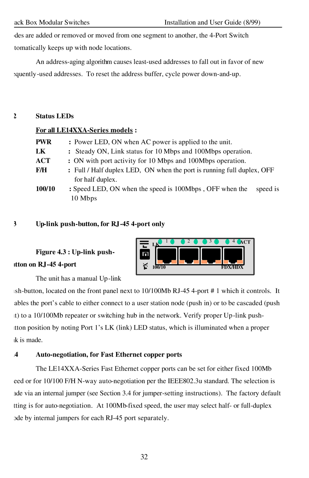 Black Box Modular Switches Status LEDs, For all LE14XXA-Series models, Power LED, on when AC power is applied to the unit 