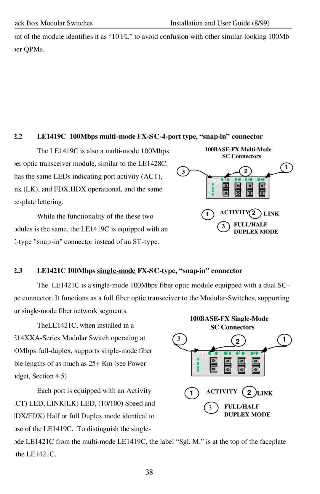 Black Box Modular Switches, LE14XXA manual LE1421C 100Mbps single-mode FX-S C-type, snap-in connector 