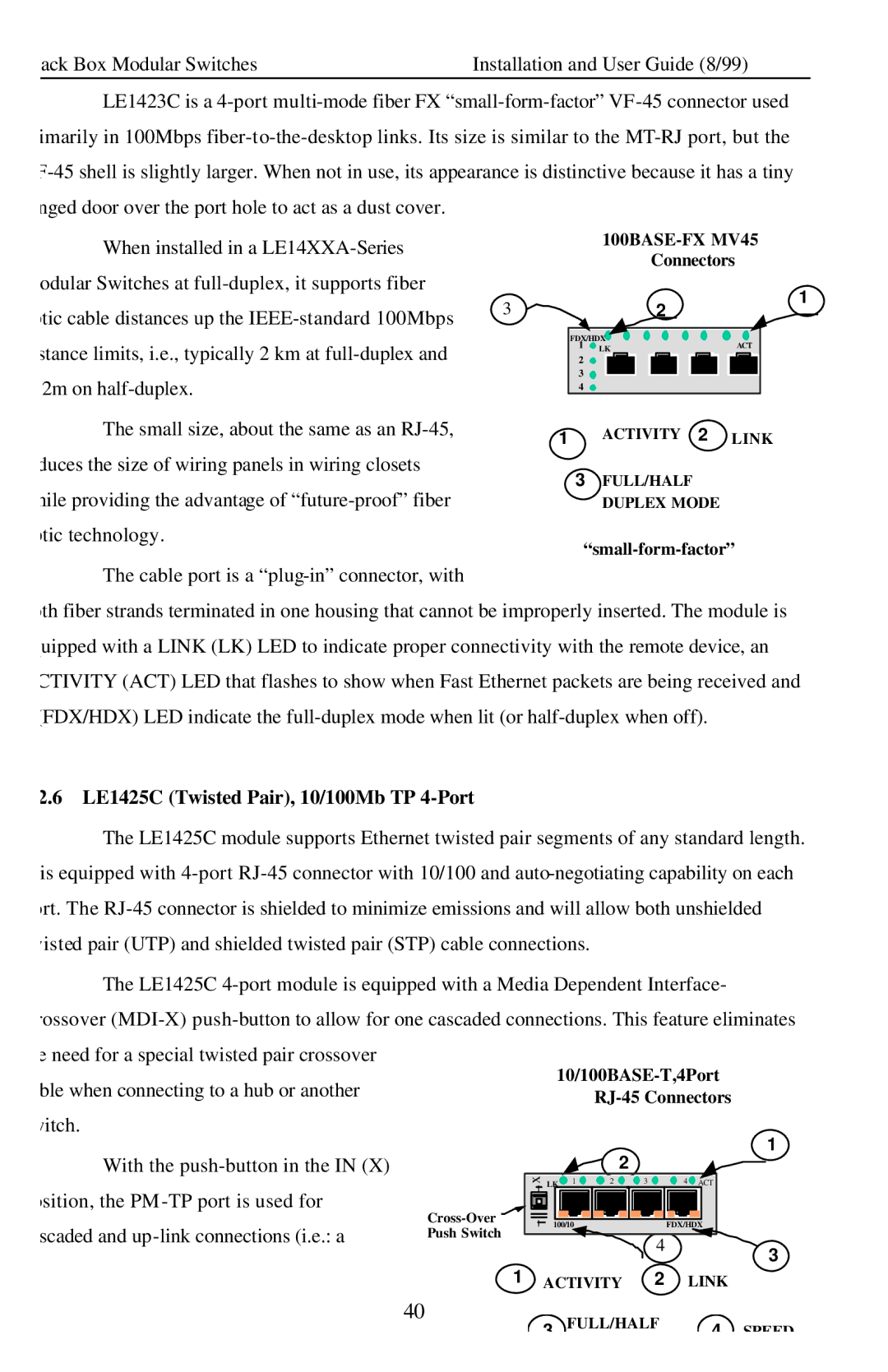 Black Box Modular Switches, LE14XXA manual LE1425C Twisted Pair, 10/100Mb TP 4-Port 