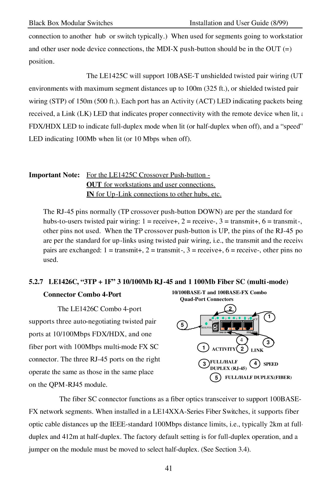 Black Box LE14XXA, Modular Switches manual 10/100BASE-T and 100BASE-FX Combo Quad-Port Connectors 