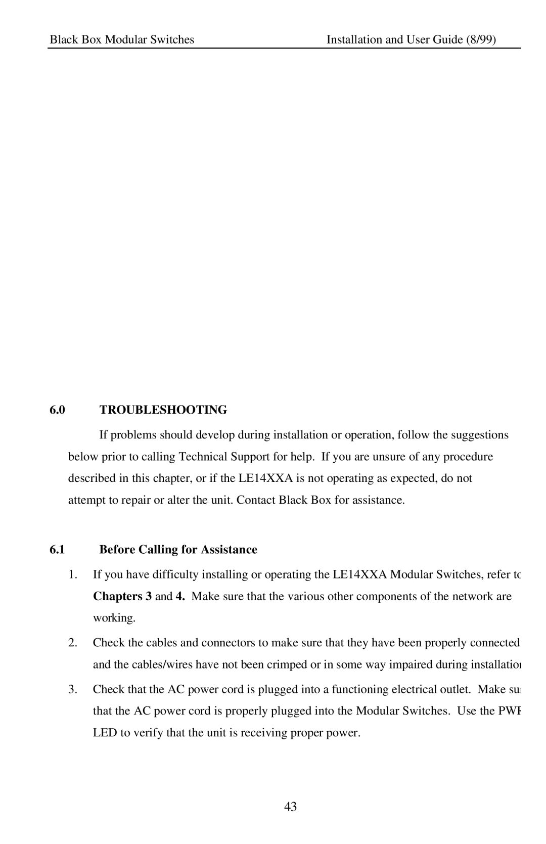 Black Box LE14XXA, Modular Switches manual Troubleshooting, Before Calling for Assistance 