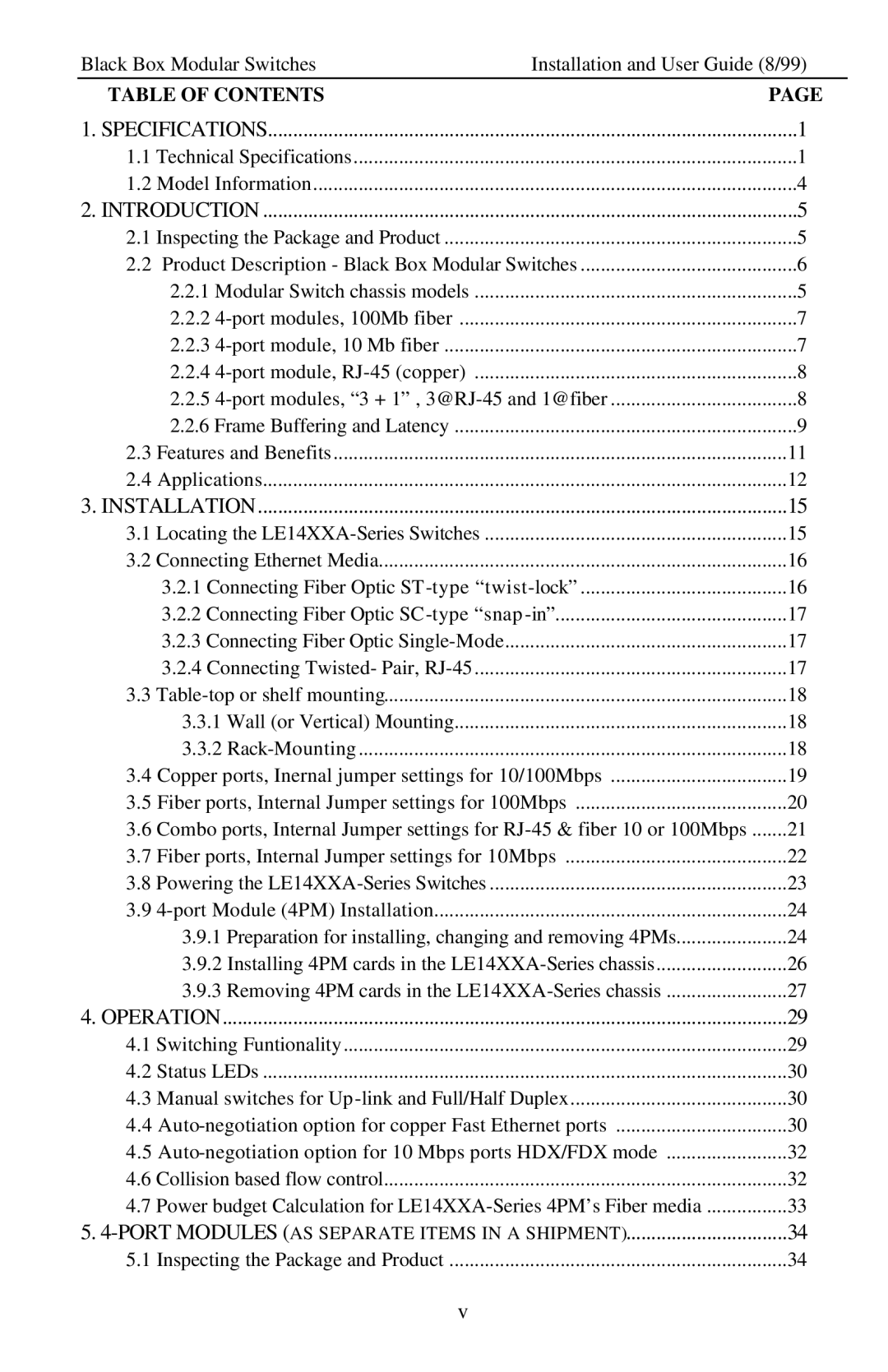 Black Box LE14XXA, Modular Switches manual Table of Contents 