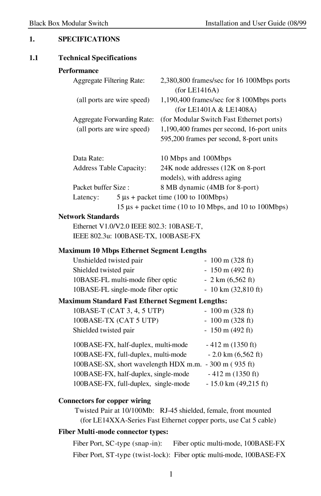 Black Box LE14XXA manual Technical Specifications Performance, Network Standards, Maximum 10 Mbps Ethernet Segment Lengths 