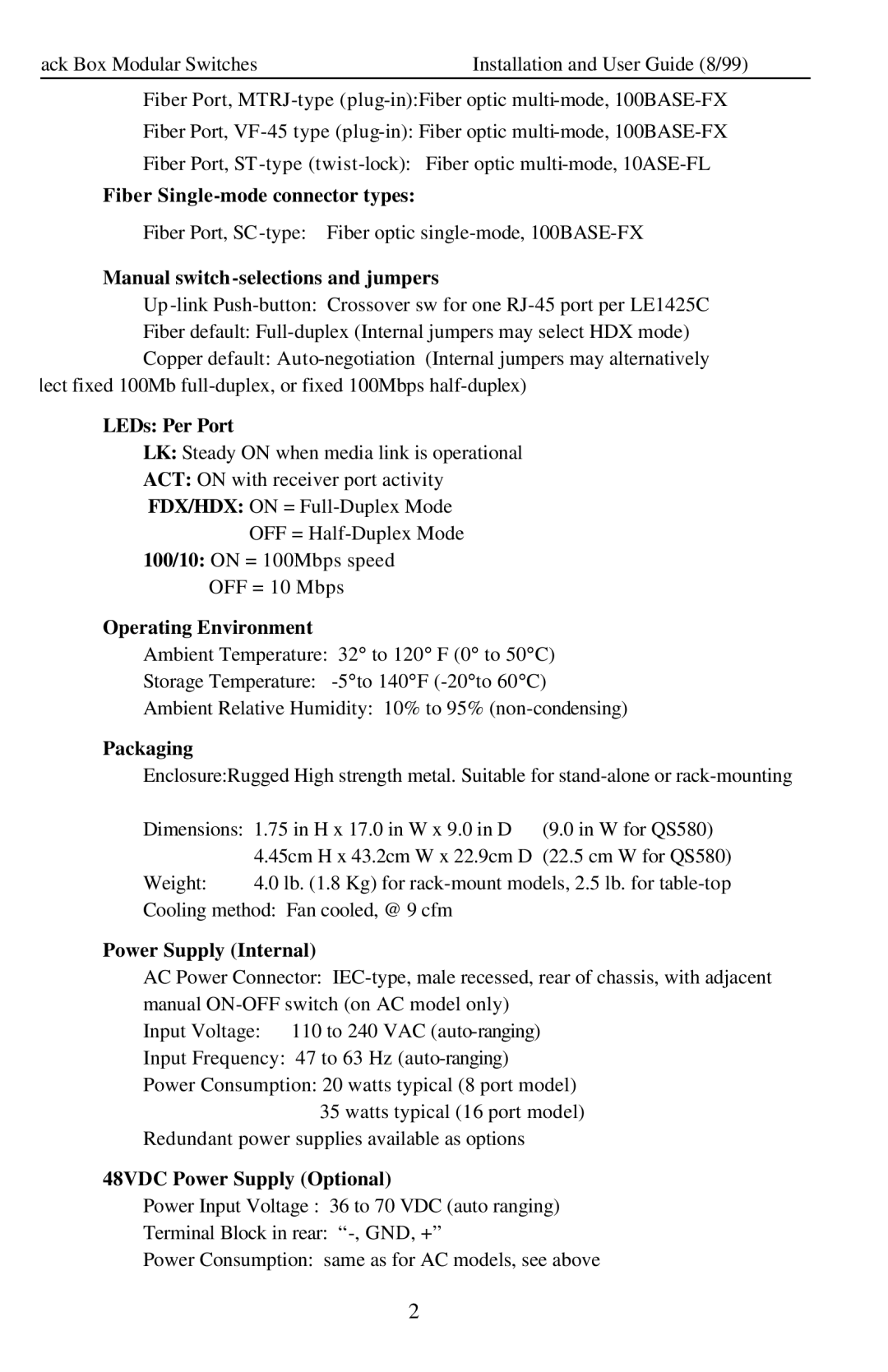 Black Box Modular Switches manual Fiber Single-mode connector types, Manual switch -selections and jumpers, LEDs Per Port 