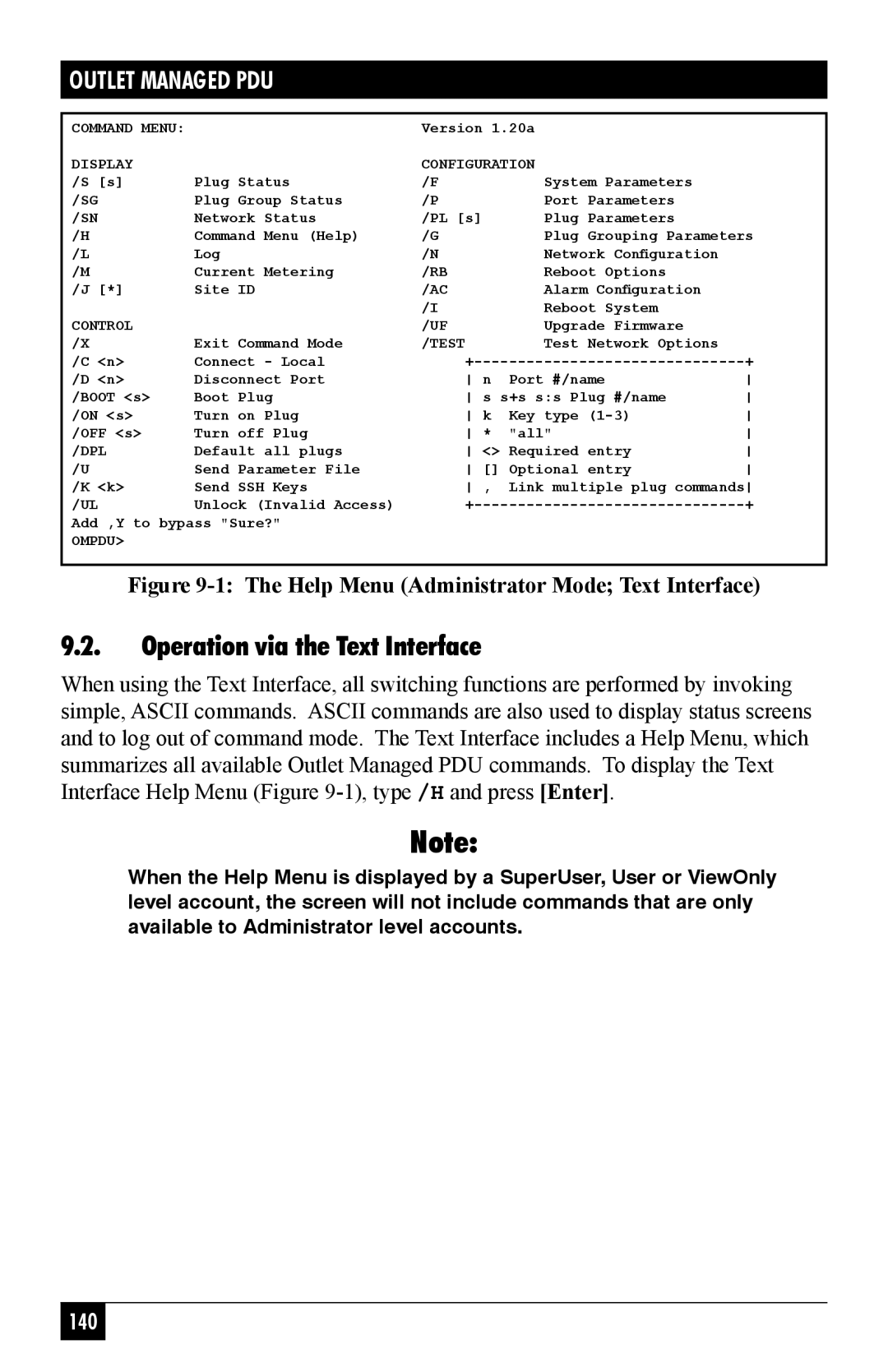 Black Box MPSH16-D20-208+V, MPSH8-S20-208+V Operation via the Text Interface, Help Menu Administrator Mode Text Interface 