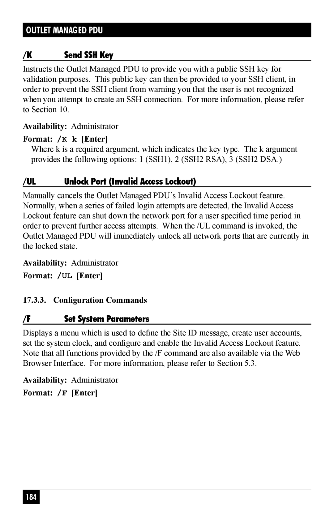 Black Box Outlet Managed PDU Availability Administrator Format /K k Enter, Availability Administrator Format /F Enter 