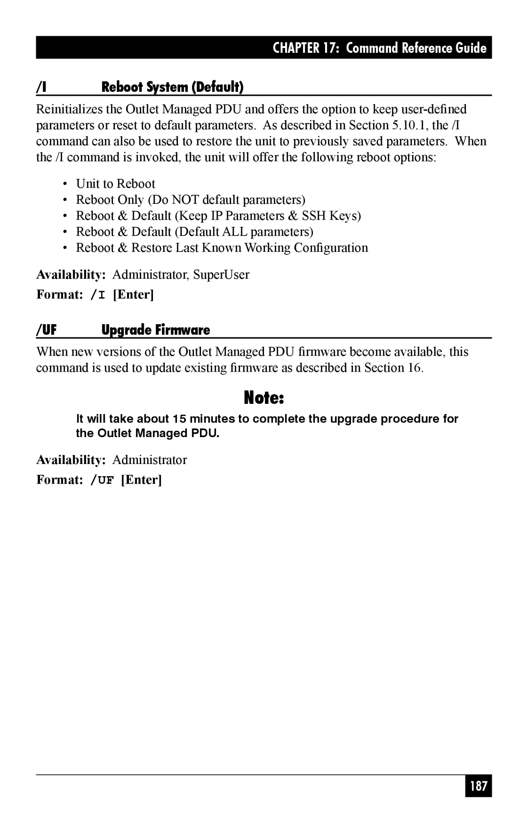 Black Box MPSH8-D20-120V, MPSH8-S20-208+V, MPSH16-D20-208+V Format /I Enter, Availability Administrator Format /UF Enter 