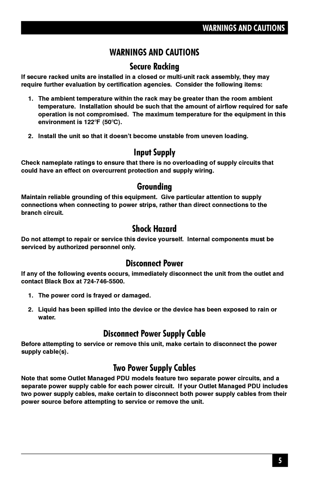 Black Box MPSH8-D20-120V Secure Racking, Input Supply, Grounding, Shock Hazard, Disconnect Power, Two Power Supply Cables 