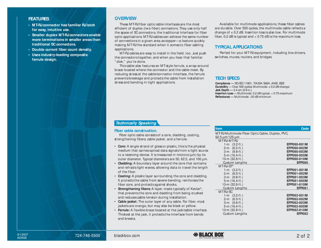 Black Box MT-RJ Multimode Fiber Optic Cable Features, Overview, Typical Applications, Tech Specs, Technically Speaking 