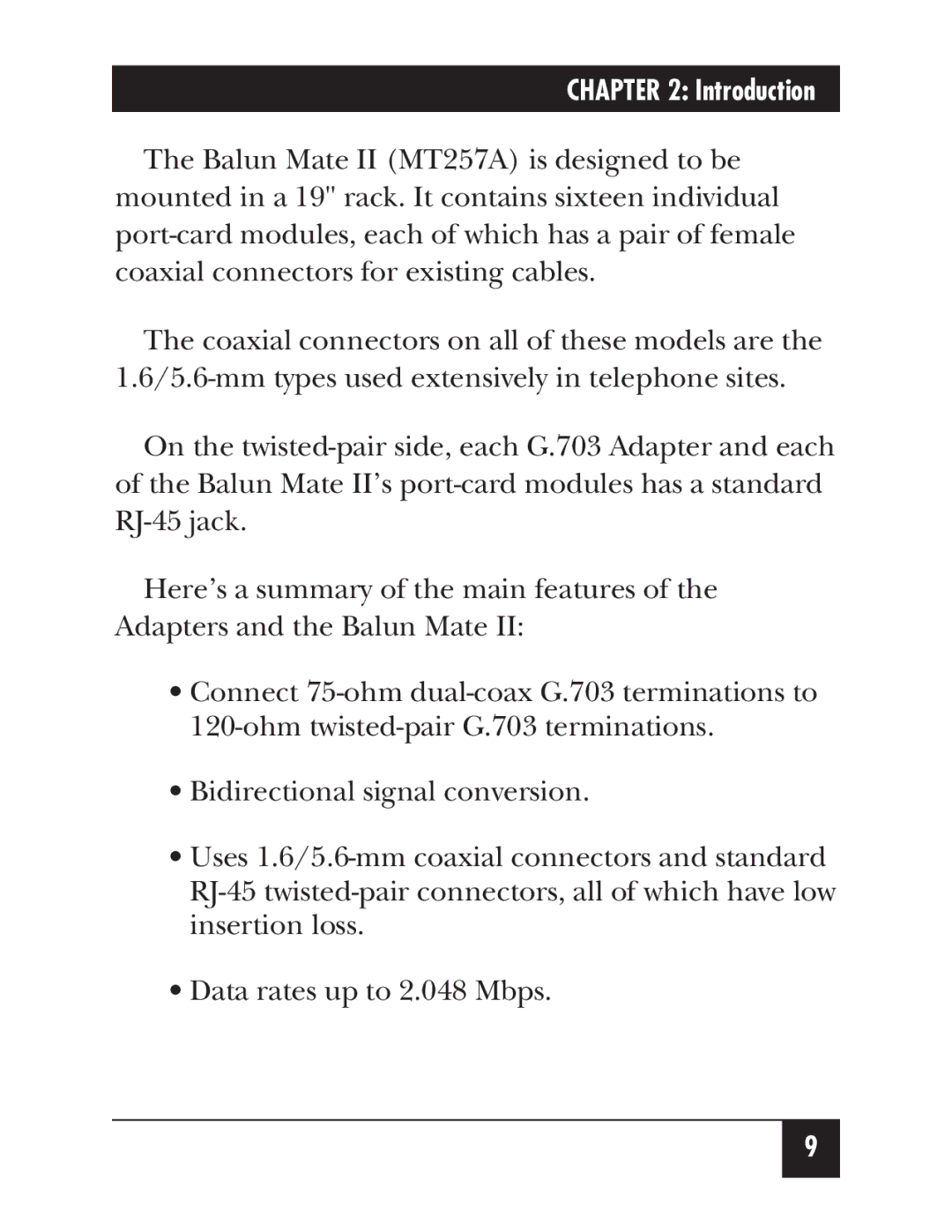 Black Box MT257A, MT256A-F, G.703 Adapters and Balun Mate II manual Introduction 