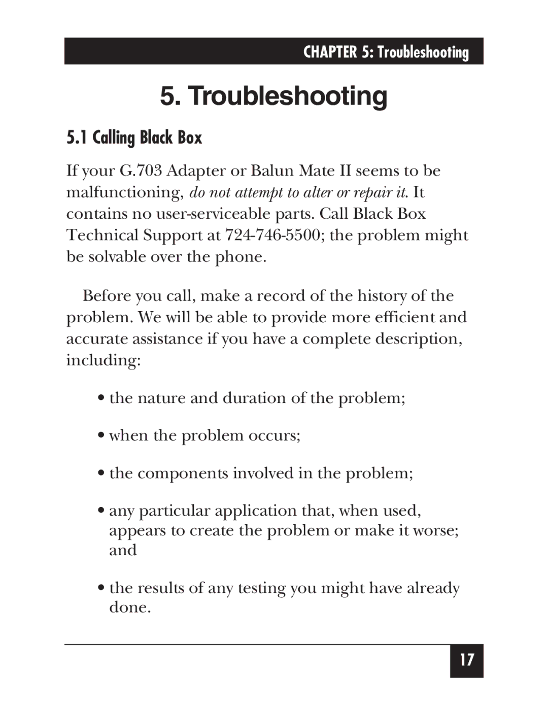 Black Box MT256A-F, MT257A, G.703 Adapters and Balun Mate II manual Troubleshooting, Calling Black Box 