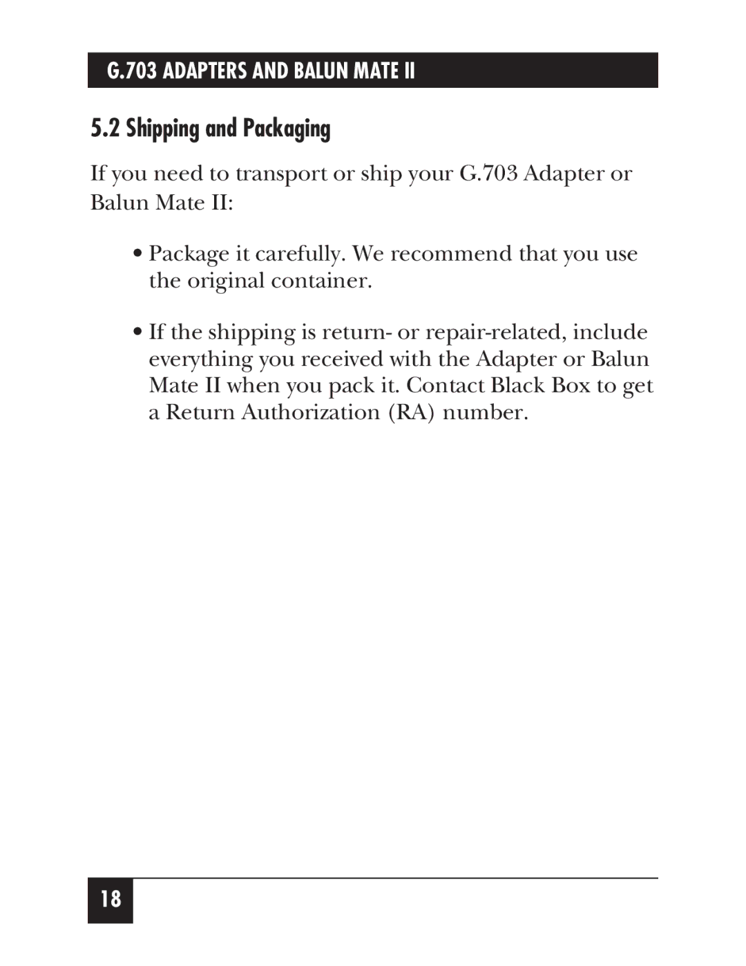 Black Box MT257A, MT256A-F, G.703 Adapters and Balun Mate II manual Shipping and Packaging 