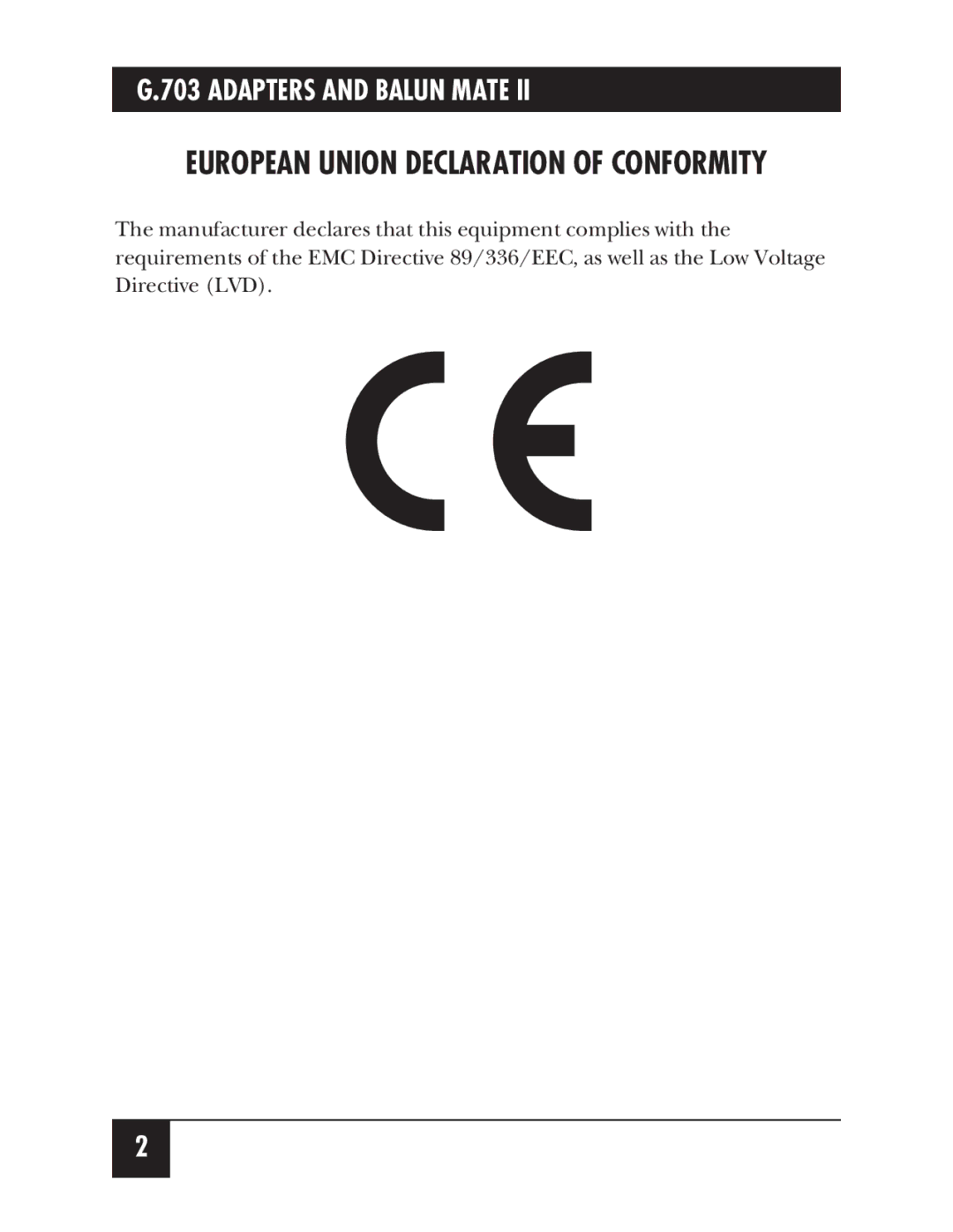 Black Box MT256A-F, MT257A, G.703 Adapters and Balun Mate II manual European Union Declaration of Conformity 