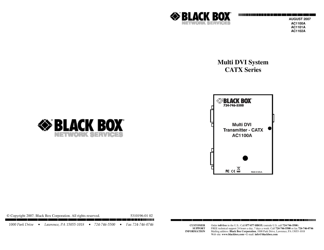 Black Box Multi DVI System CATX Series, AC1100A manual 5310196-0102, Fax 724‐746‐0746 