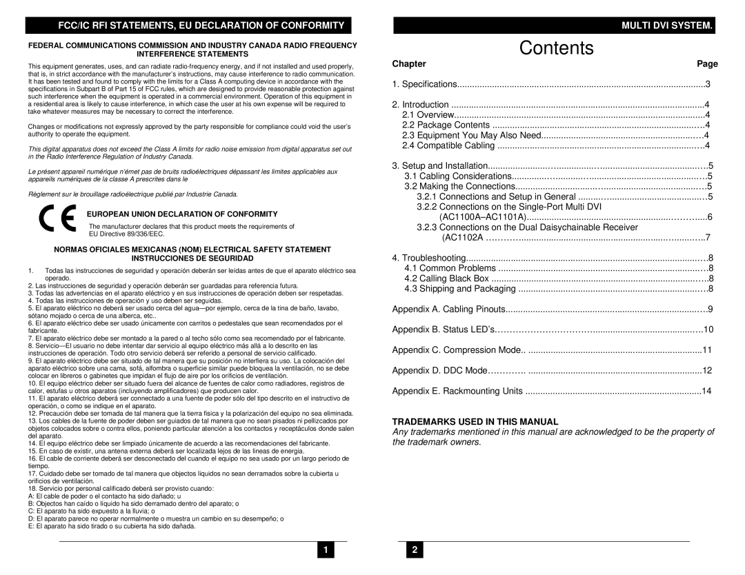 Black Box AC1100A, Multi DVI System CATX Series manual Contents 