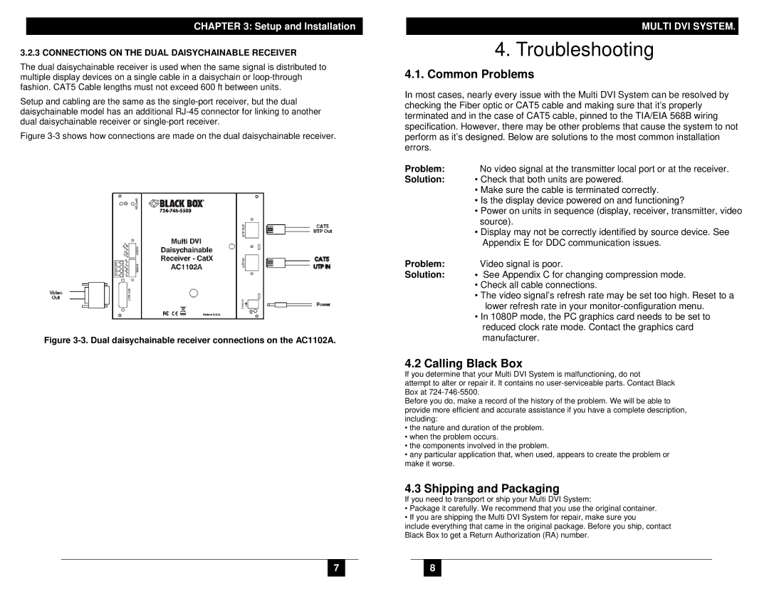 Black Box Multi DVI System CATX Series, AC1100A manual Troubleshooting, Problem Video signal is poor Solution 