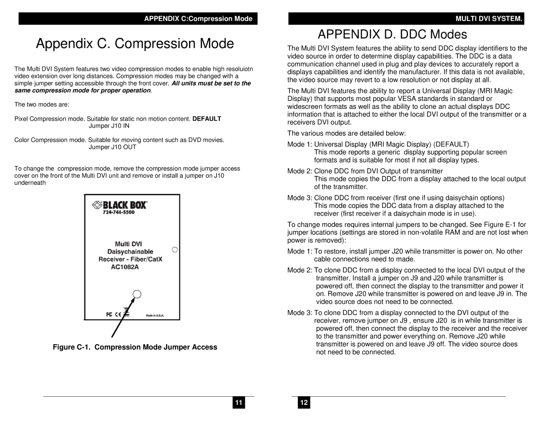 Black Box Multi DVI System CATX Series, AC1100A manual Appendix C. Compression Mode, Appendix D. DDC Modes 