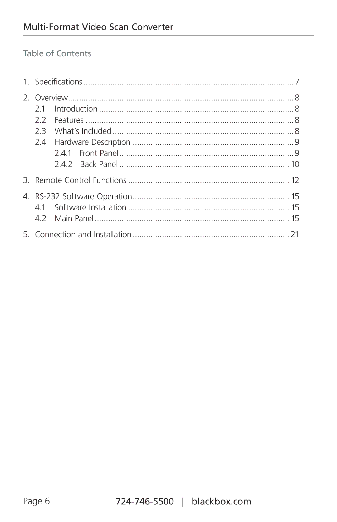 Black Box VSC-VGA-TV, Multi-Format Video Scan Converter manual Table of Contents 