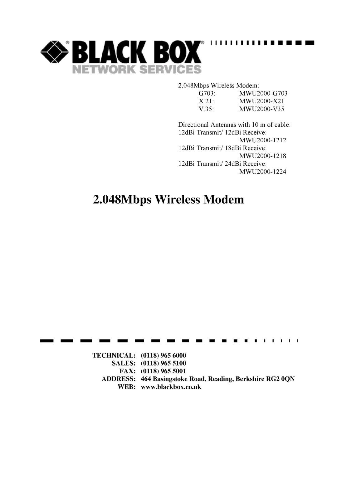Black Box MWU2000-X21, MWU2000-G703, MWU2000-V35 manual 0118 965, Basingstoke Road, Reading, Berkshire RG2 0QN 