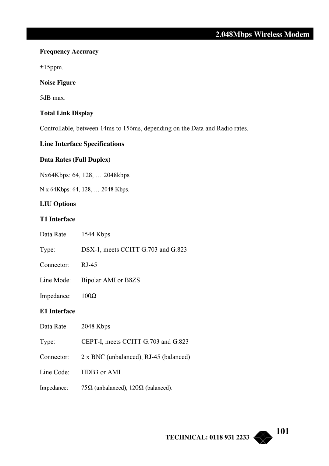 Black Box MWU2000-V35, MWU2000-G703, MWU2000-X21 manual 101, Line Interface Specifications 