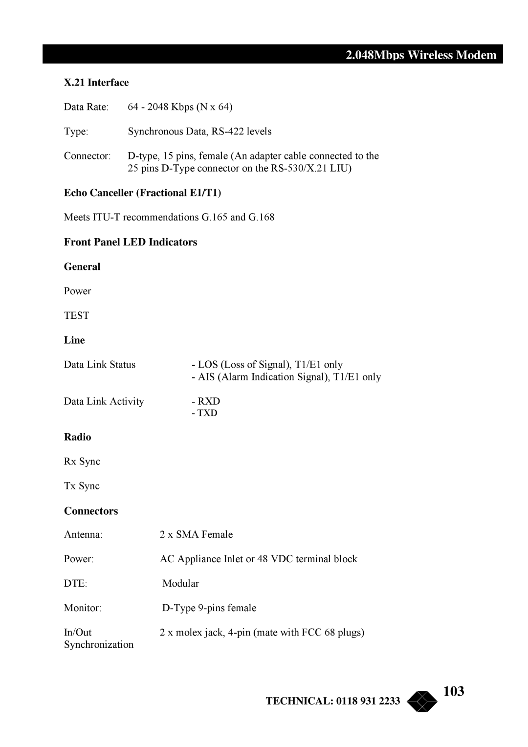 Black Box MWU2000-X21, MWU2000-G703, MWU2000-V35 manual 103, Front Panel LED Indicators, Connectors 