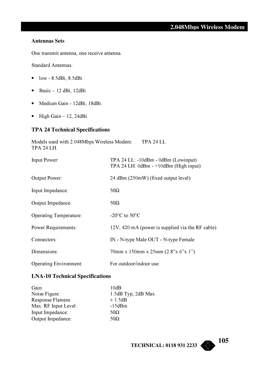 Black Box MWU2000-G703, MWU2000-X21 105, Antennas Sets, TPA 24 Technical Specifications, LNA-10 Technical Specifications 