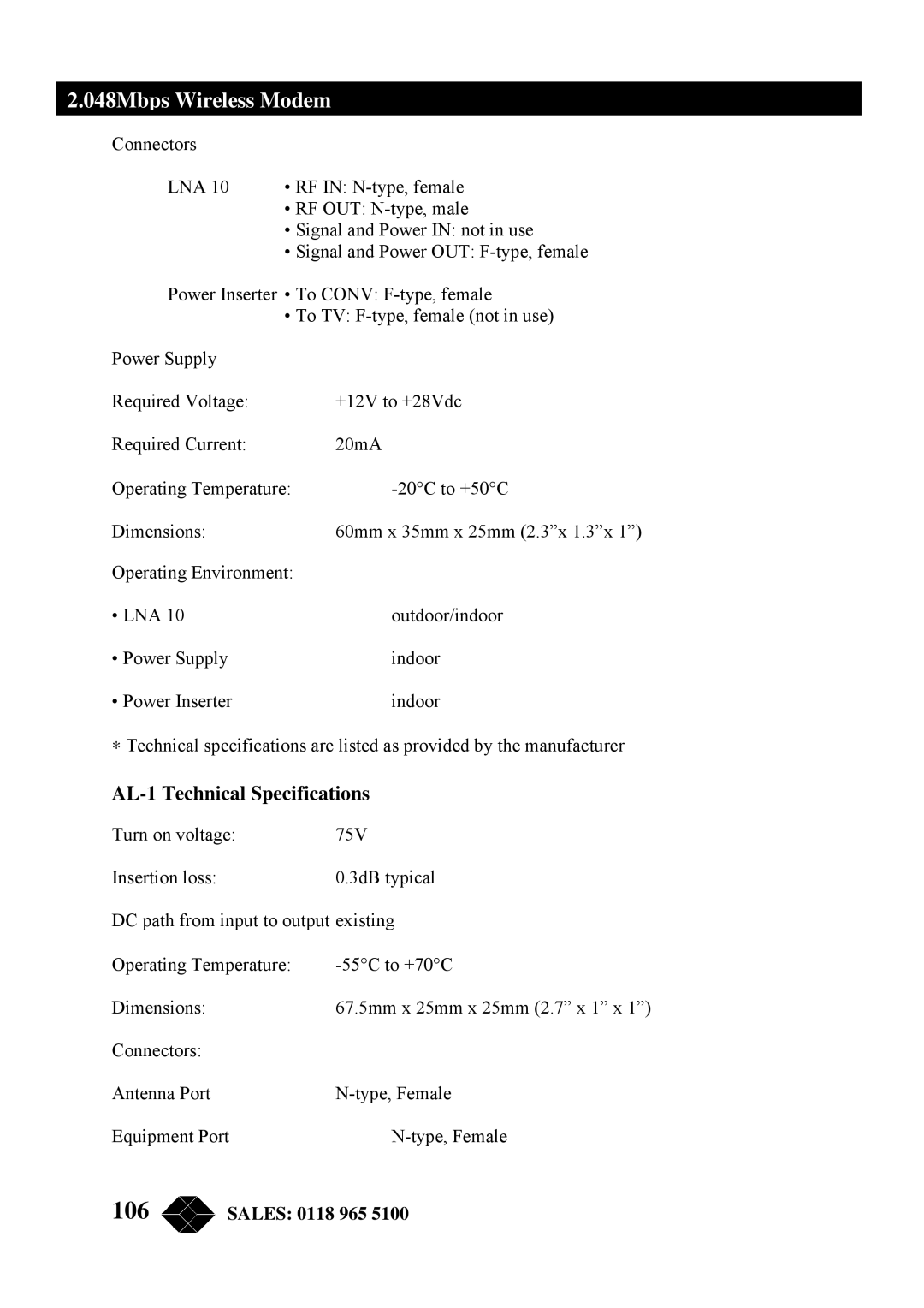 Black Box MWU2000-X21, MWU2000-G703, MWU2000-V35 manual 106, AL-1 Technical Specifications 