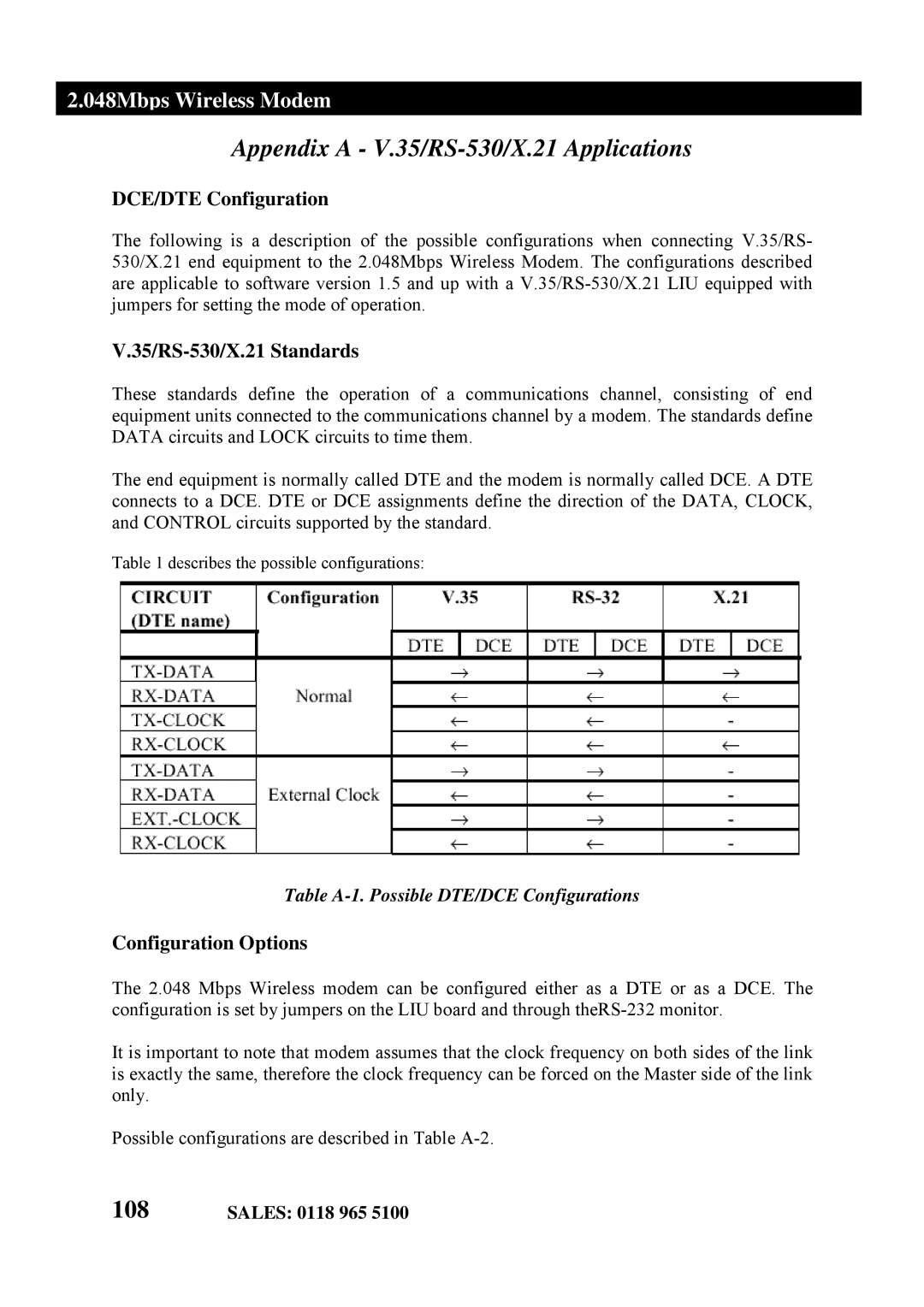 Black Box MWU2000-G703 manual Appendix a V.35/RS-530/X.21 Applications, DCE/DTE Configuration, 35/RS-530/X.21 Standards 