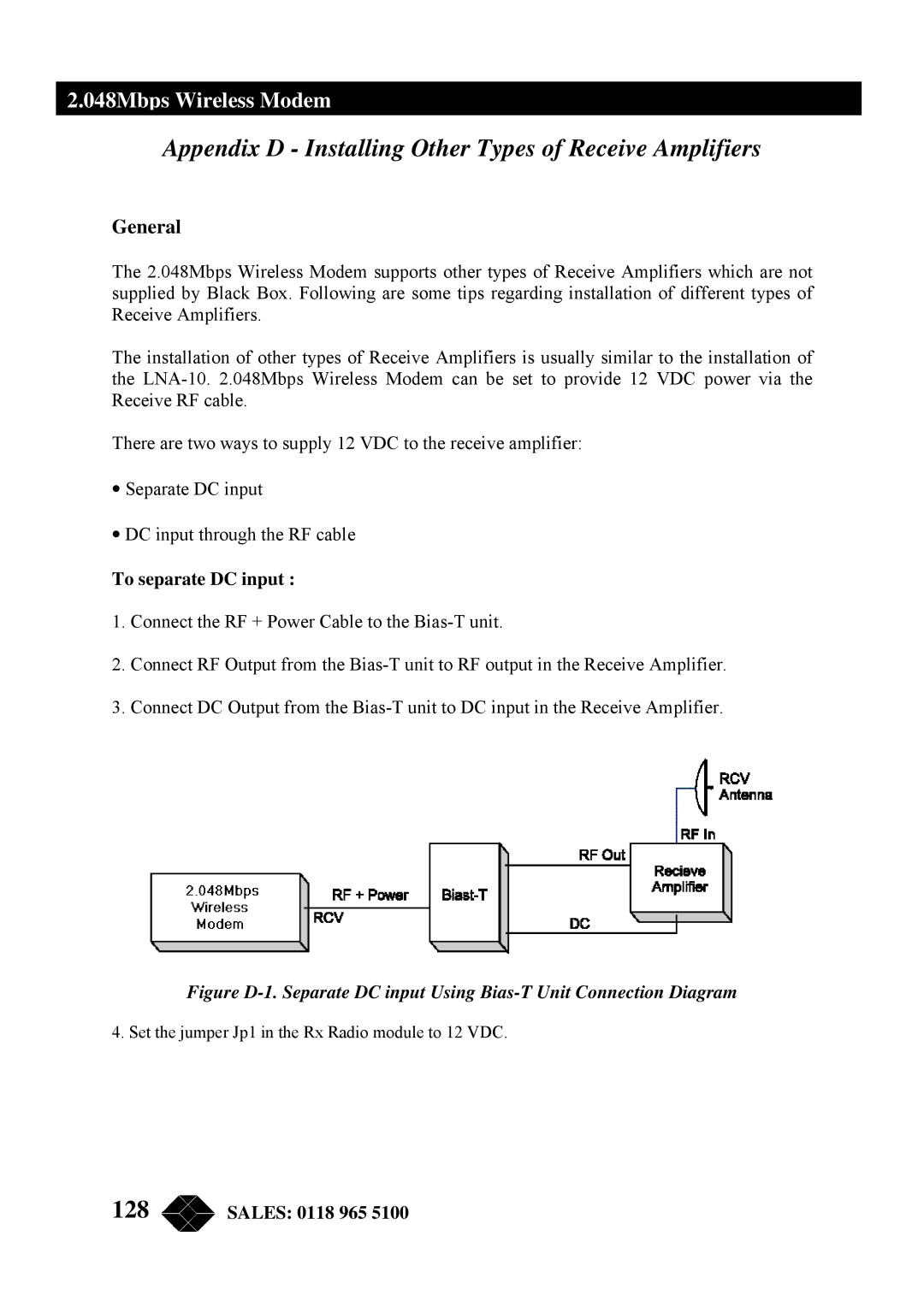 Black Box MWU2000-V35, MWU2000-G703 manual Appendix D Installing Other Types of Receive Amplifiers, To separate DC input 