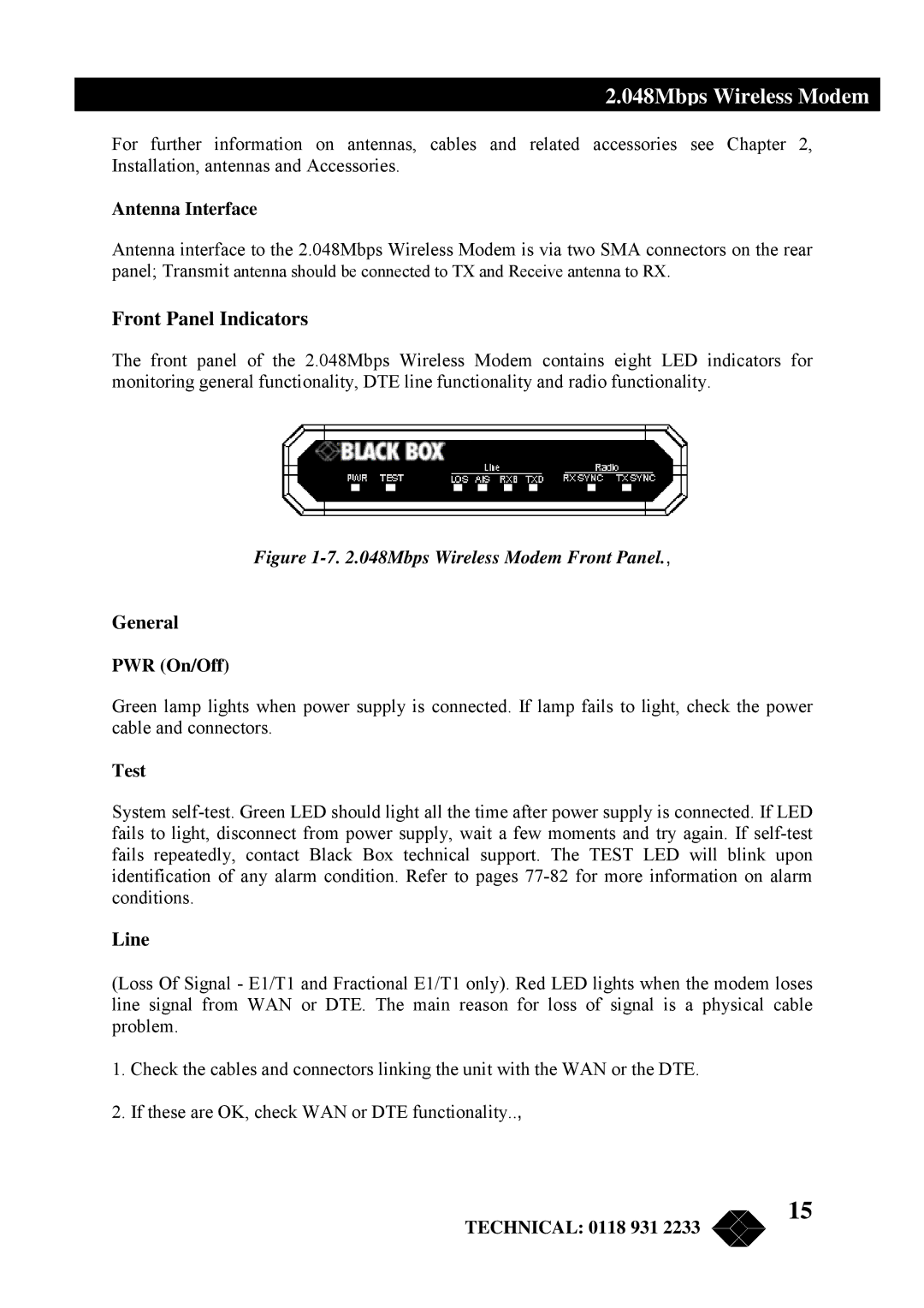 Black Box MWU2000-G703, MWU2000-X21, MWU2000-V35 manual Front Panel Indicators, General, Line 