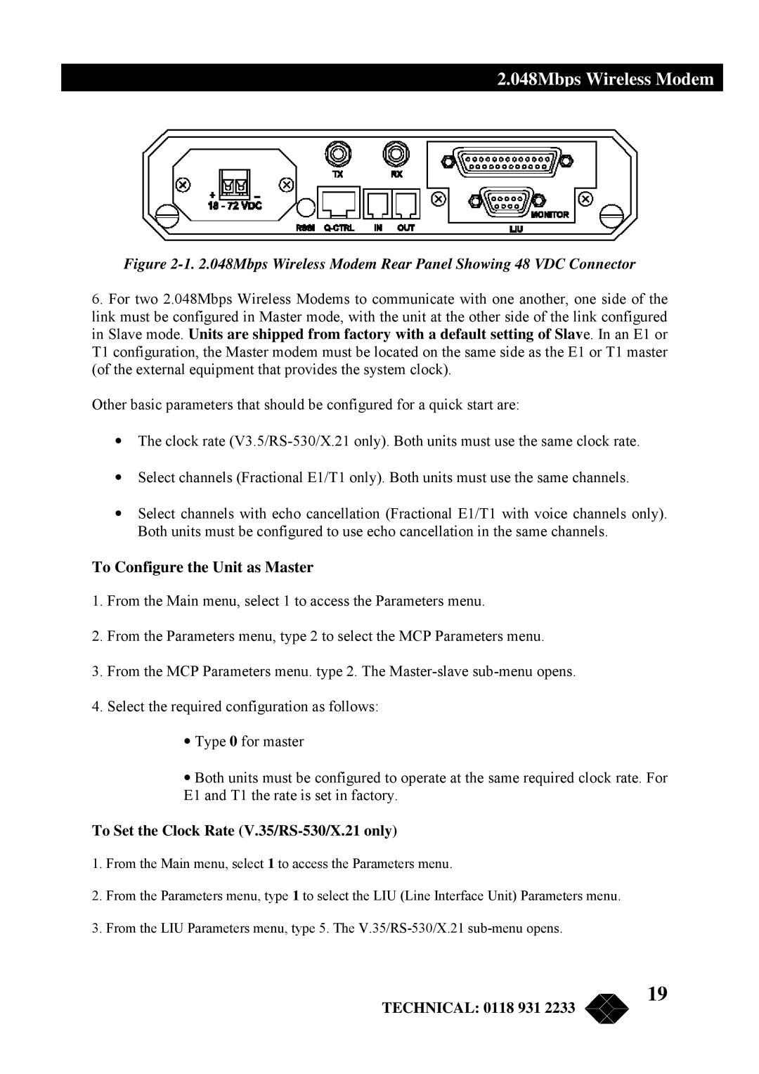 Black Box MWU2000-X21, MWU2000-G703 manual To Configure the Unit as Master, To Set the Clock Rate V.35/RS-530/X.21 only 