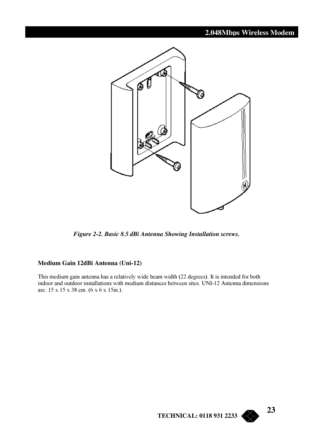 Black Box MWU2000-V35, MWU2000-G703 Basic 8.5 dBi Antenna Showing Installation screws, Medium Gain 12dBi Antenna Uni-12 