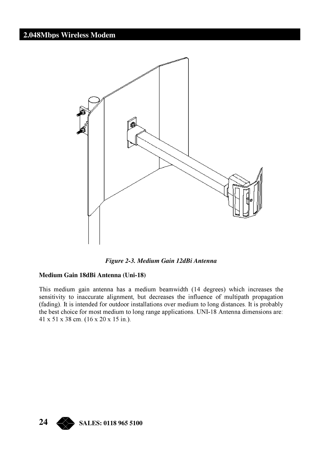 Black Box MWU2000-G703, MWU2000-X21, MWU2000-V35 manual Medium Gain 12dBi Antenna, Medium Gain 18dBi Antenna Uni-18 