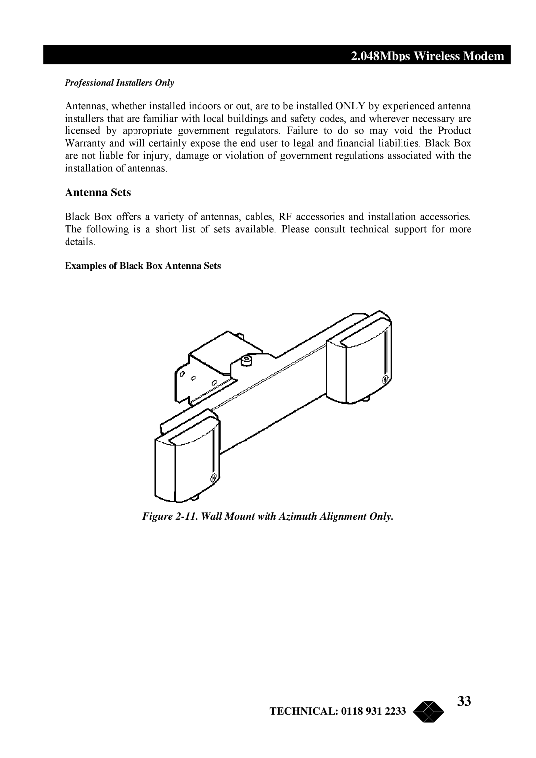 Black Box MWU2000-G703, MWU2000-X21, MWU2000-V35 manual Antenna Sets, Wall Mount with Azimuth Alignment Only 