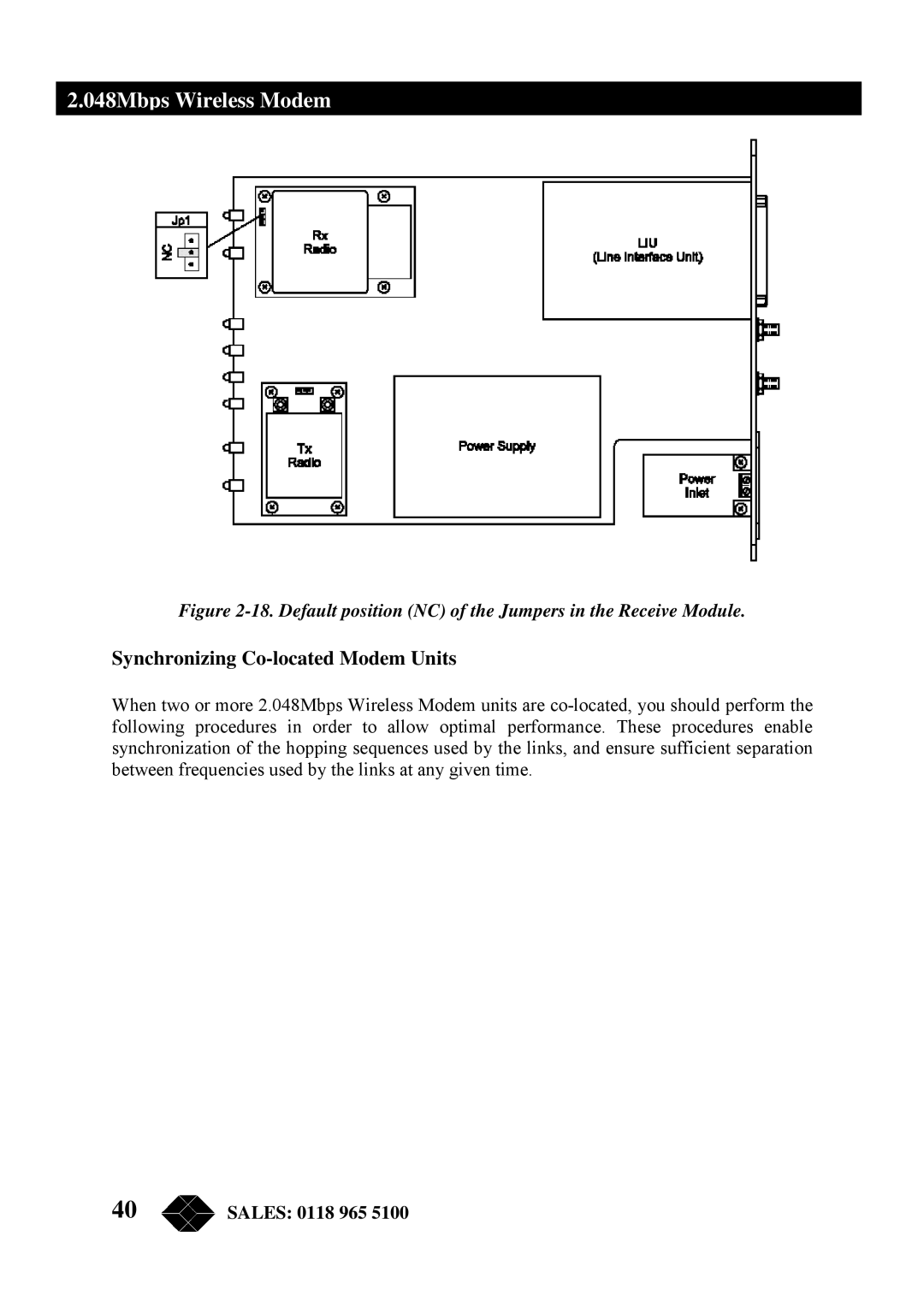 Black Box MWU2000-X21 manual Synchronizing Co-located Modem Units, Default position NC of the Jumpers in the Receive Module 