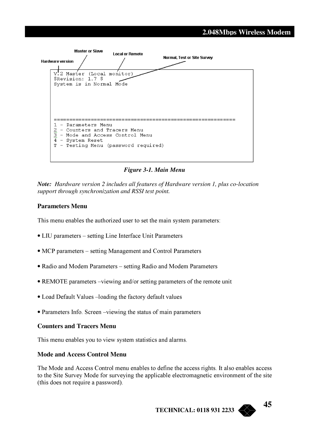 Black Box MWU2000-G703, MWU2000-X21, MWU2000-V35 Parameters Menu, Counters and Tracers Menu, Mode and Access Control Menu 