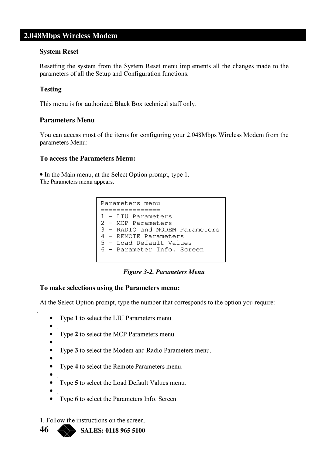 Black Box MWU2000-X21 System Reset, Testing, To access the Parameters Menu, To make selections using the Parameters menu 