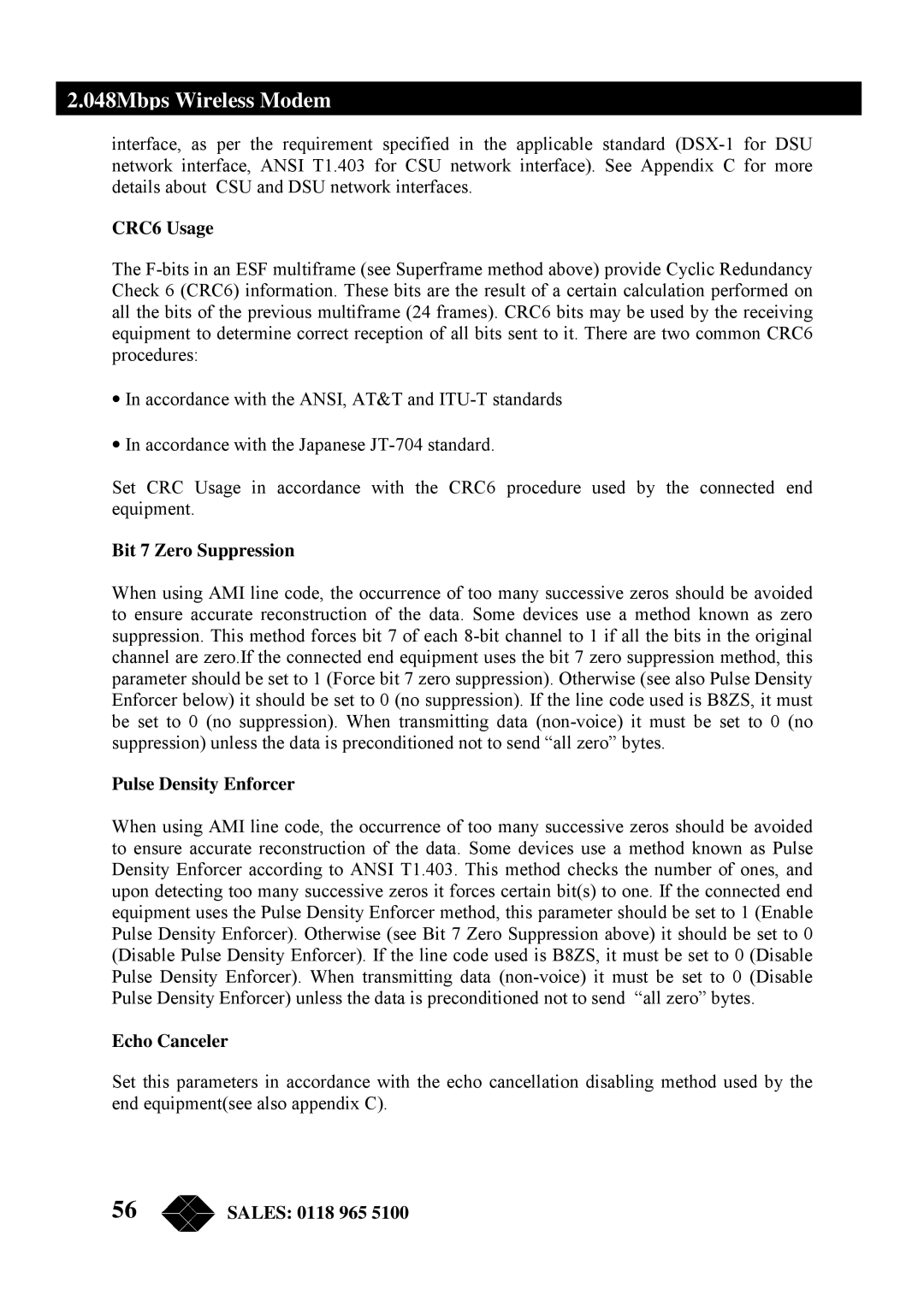 Black Box MWU2000-V35, MWU2000-G703, MWU2000-X21 CRC6 Usage, Bit 7 Zero Suppression, Pulse Density Enforcer, Echo Canceler 